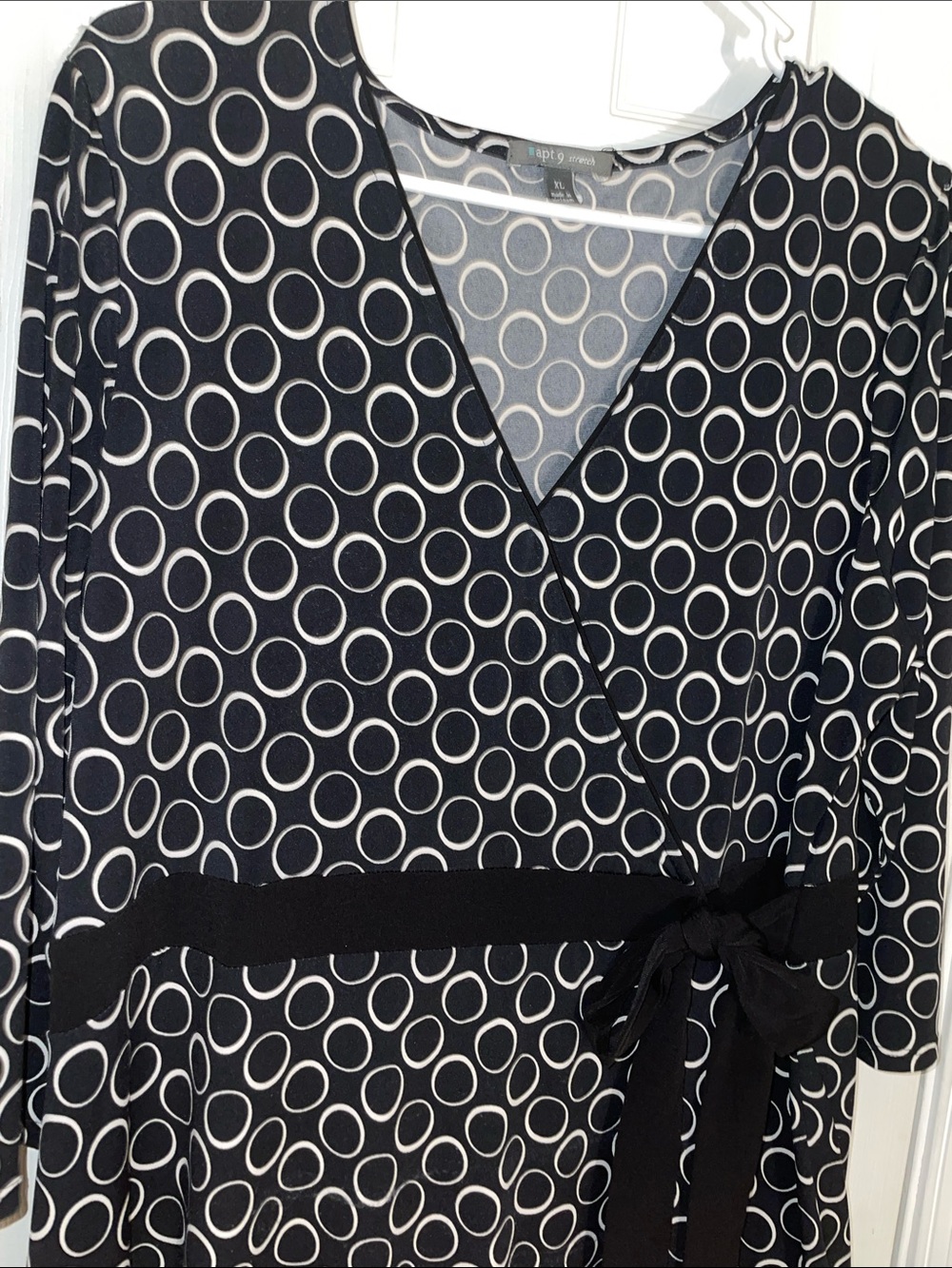 Black and White CIRCLES Faux Wrap Dress with Waist Tie  22” X 42” XL